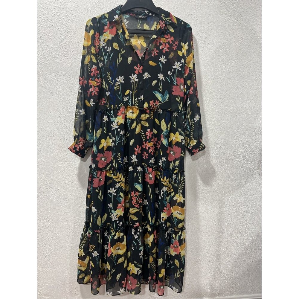 ONLY Floral Long Sleeve‎ Maxi Dress Tiered SZ 34 Fairy Cottage Core.